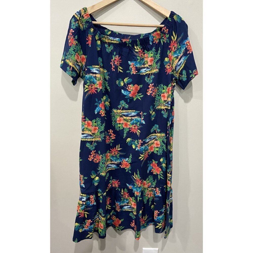 Lands End Dress Cover Up Drop Waist Pockets Navy Blue Green Pink Tropical M 10